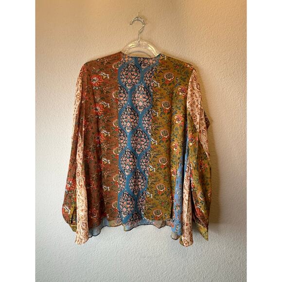 Anthropologie Iliana Floral Patchwork Ruffle Trim Boho Blouse Blue Multi XS - Picture 3 of 4